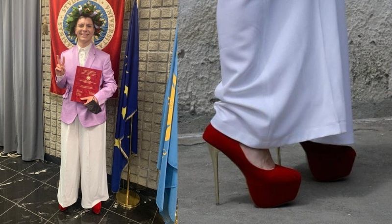 Francesco si laurea su plateau e tacchi rossi: 110 e lode per la tesi sui diritti delle donne